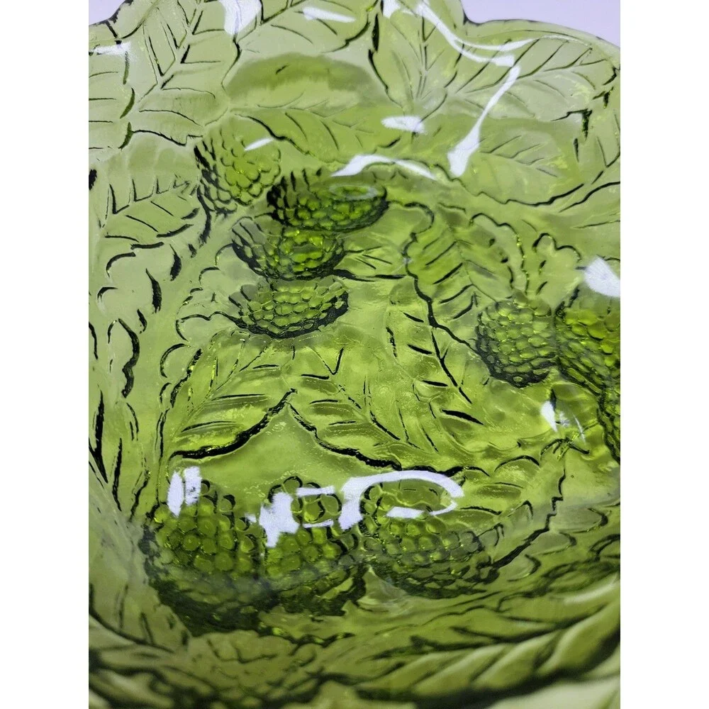 Vintage Indiana Glass Bowl Loganberry Olive Green Texture Berries Leaves Dish 7”
